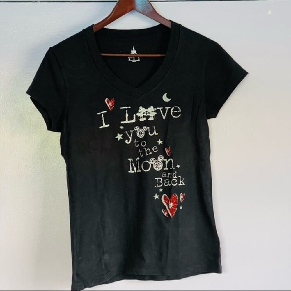 Women’s Disney Parks “I love you to the moon and back” Tshirt Sz S Black/Red/Wht